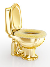 Golden Toilet With White Fur Sitting 3d Image.