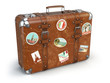 Retro suitcase beggage with travel stickers isolated on white ba