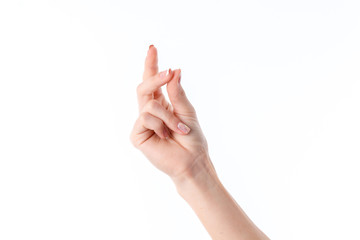 Wall Mural - female hand showing the gesture with his fingers clasped isolated on white background