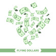 Flying dollars. Isolated on white background.