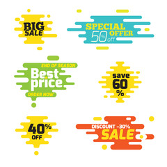 Aufkleber - Set sale sticker dynamic wavy form with irregular parallel rounded lines. Isolated on white background. Advertising design shape. Flat style.
