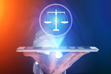 Poster - Businessman hand holding mobile phone with justice icon