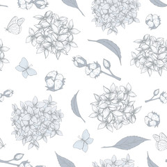 Wall Mural - Seamless tender pattern with hydrangea  flowers, cotton flowers and butterflies