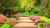 Fototapeta Koty - Stairs in a flower garden flower garden