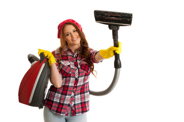 Happy woman cleans with vacuum cleaner isolated over white backg