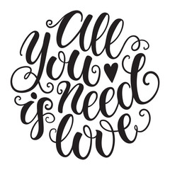 All you need is love doodle hand lettering romantic background. Greeting card design template. Can be used for website background, poster, printing, banner. Vector illustration