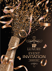 Wall Mural - Luxury event invitation card with sparkling bottle of shampagne and gold textured curly ribbons. Vector illustration