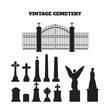 Black silhouettes of tombstones, crosses and gravestones. Elements of cemetery