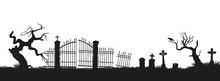 Black Silhouettes Of Tombstones, Crosses And Gravestones. Elements Of Cemetery. Graveyard Panorama