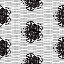 Flower Lace Seamless Pattern Net. Black Cell Textile Openwork Knit On White. Texture Hosiery Monochrome Knit.