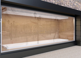 Wall Mural - blank mock up of store street showcase window in a city. 3d rend