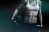 Fototapeta Sport - Black and white female weight lifter athlete.  Fitness model background for exercise or workout.