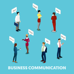 Wall Mural - isometric business people communication concept. vector 3d flat illustration