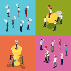 Wall Mural - isometric business people. motivation, communication and leadership concept. vector 3d flat illustra