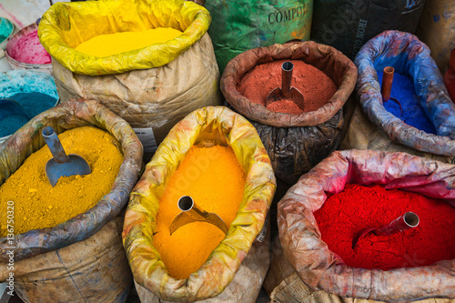 Poster Sacks of Colored Paint Pigment Powders in Istanbul, Turkey
