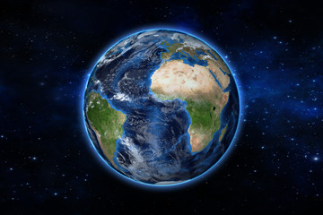 blue planet earth from space showing america and africa, usa, globe world with blue glow edge on spa