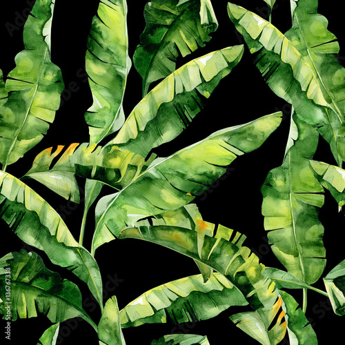 Seamless watercolor illustration of tropical leaves, dense jungle. Pattern wi...