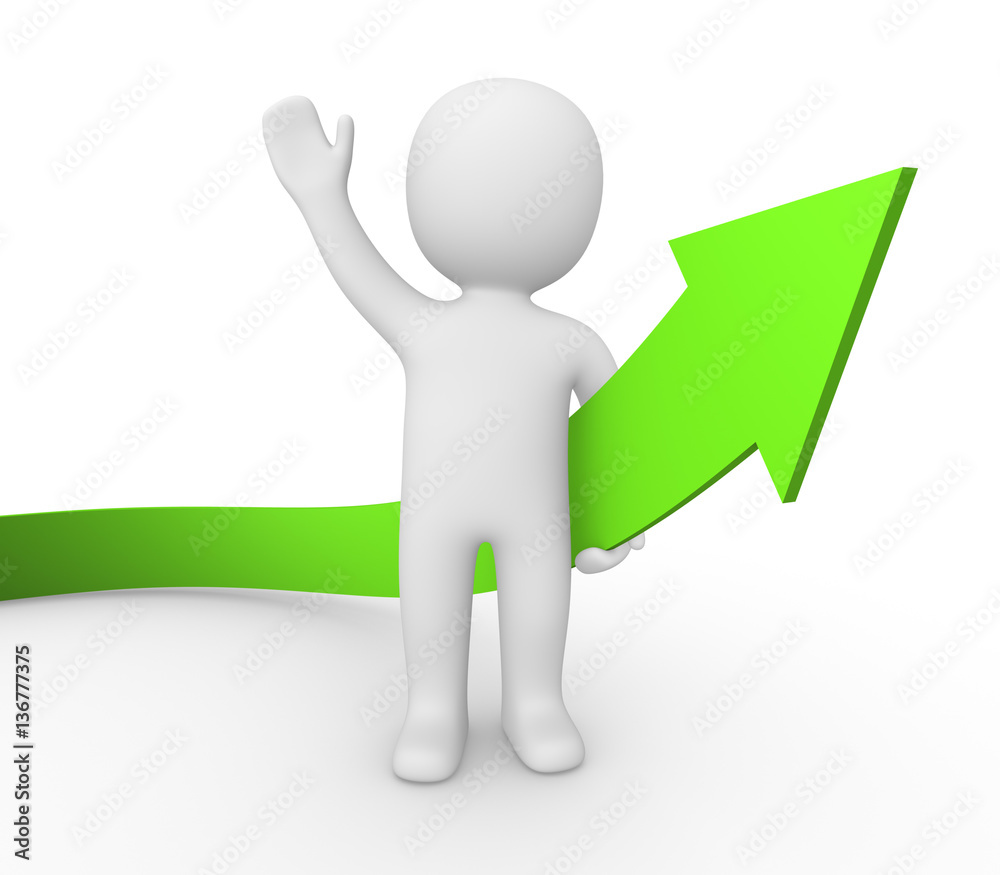 3d man holding green arrow and greeting. 3d render. Stock Illustration ...