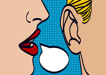 Woman lips whispering in mans ear drawing vector illustration