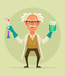 Old crazy scientist character hold test tube. Vector flat cartoon illustration