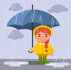 little girl character under rain. vector flat cartoon illustration