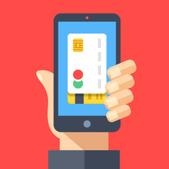 Poster - Credit card on smartphone screen. Hand holding smartphone. Mobile payment, pay with mobile phone, contactless payment. Concepts for web banner, web sites, infographics. Flat design vector illustration