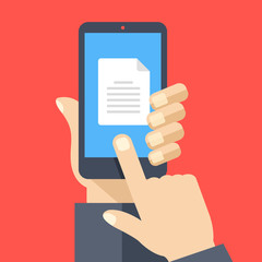 Aufkleber - Document icon on smartphone screen. Hand holding smartphone, finger touching document on screen. Read, download file with mobile phone concept. Modern flat design graphic elements. Vector illustration
