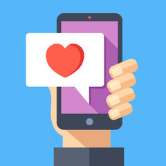 Poster - Hand holding smartphone with heart emoji message on screen, like button. Love confession, like. Social network and mobile device. Graphics for websites, web banners. Flat design vector illustration