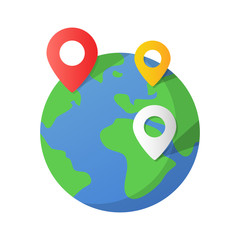 Poster - planet earth and map pins icon. earth globe and colorful map labels. modern graphic elements for web