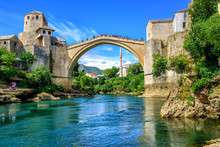 Old Bridge And Mosque In The Old Town Of Mostar, Bosnia