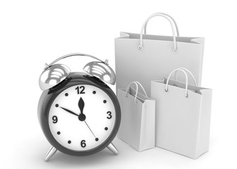 Sticker - alarm clock and shopping bag (time to buy concept). 3d rendering.