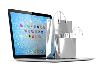 Sticker - laptop and  shopping pags on white background. 3d rendering.