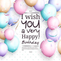 Wall Mural - Happy birthday greeting card. Retro vintage pastel party balloons, streamers, and stylish lettering. Vector.