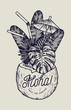 © Handdraw - vintage tropic aloha coconut cocktail print with straws and umbrella