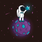 Fototapeta Kosmos - Cute spaceman stand on magic planet