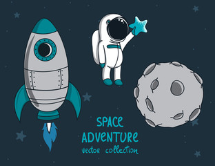 Wall Mural - moon, rocket and little funny astronaut