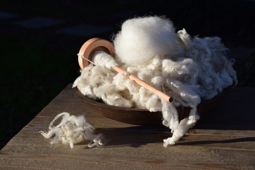 Wall Mural - Drop spindle wrapped with handmade yarn in a bowl full of raw wool curls and locks from a sheep.