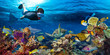 young male snorkler exploring colorful underwater world coral reef with many fishes sea turtle shark snorkling background