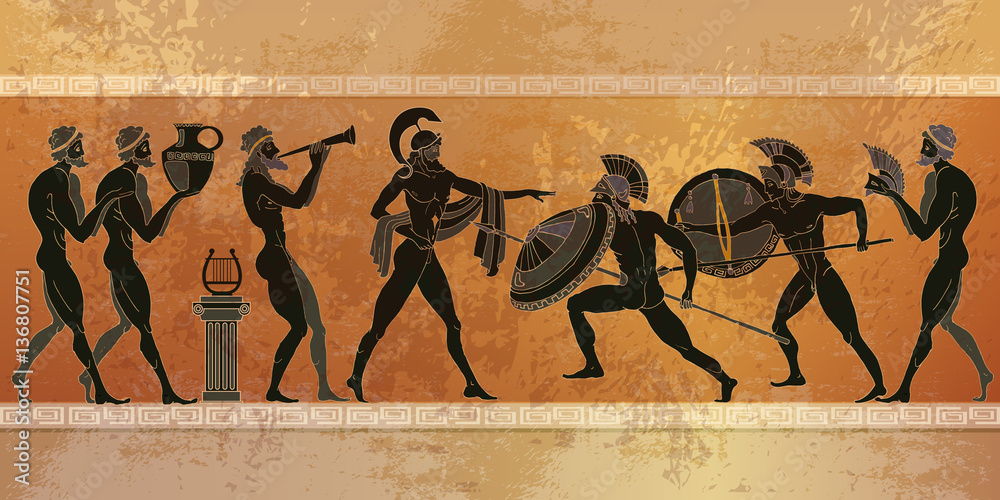 Ancient Greece scene. Black figure pottery - obrazy, fototapety, plakaty 