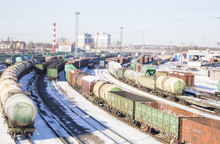 Industrial View With Lot Of Freight Railway Trains Waggons