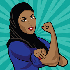 Wall Mural - Woman wearing hijab in classic Rosie the Riveter pose. EPS 10 vector.