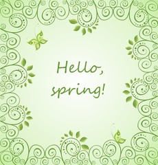 Poster - Hello, spring! Spring green card with decorative floral pattern