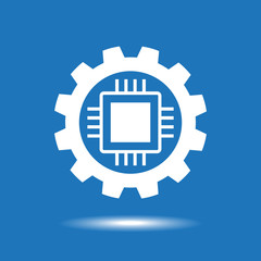 Poster - Gear with chip. White symbol on a blue background. The concept of automatic process. 