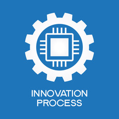 Poster - Gear with chip. White symbol on a blue background. The concept of automatic process. 