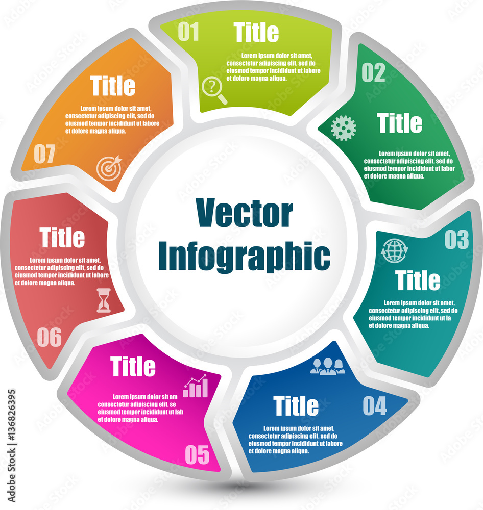 Circle infographic template with 7 steps and central element. Parts of ...
