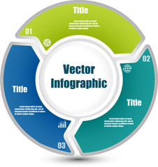 Wall Mural - Circle infographic template with 3 steps and central element. Parts of the chart  with icons and numbers. For presentation and design concept. Vector illustration.