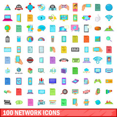 Poster - 100 network icons set, cartoon style
