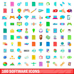 Poster - 100 software icons set, cartoon style
