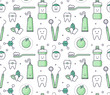 Vector educational seamless pattern with dentist equipment on white background. Fun iconic style Stomatology Tools, teeth care.