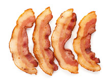 Set Of 3 Cooked Slices Of Bacon Isolated On White Background Top